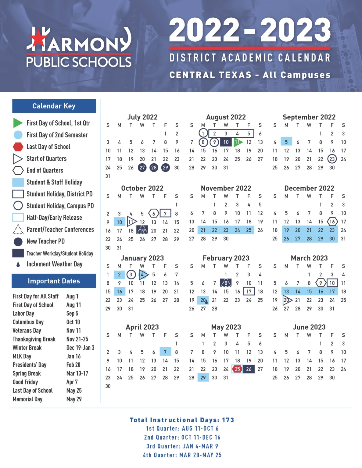 2022 2023 HPS Central Texas District Academic Calendar Harmony School