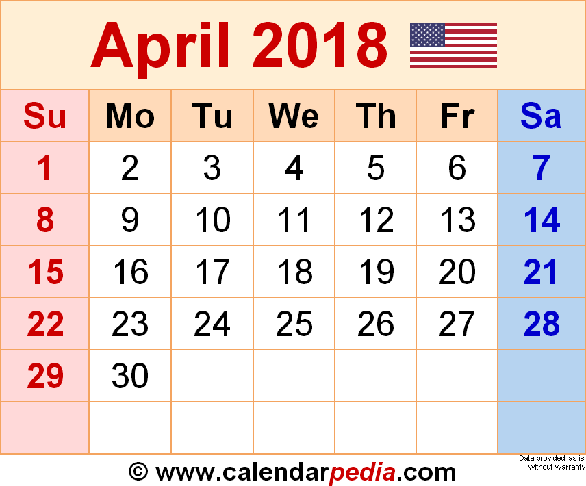 April 2018 Calendar Templates For Word Excel And PDF