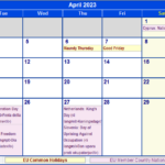 April 2023 EU Calendar With Holidays For Printing image Format