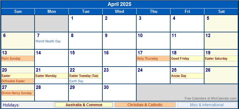 April 2025 Australia Calendar With Holidays For Printing image Format