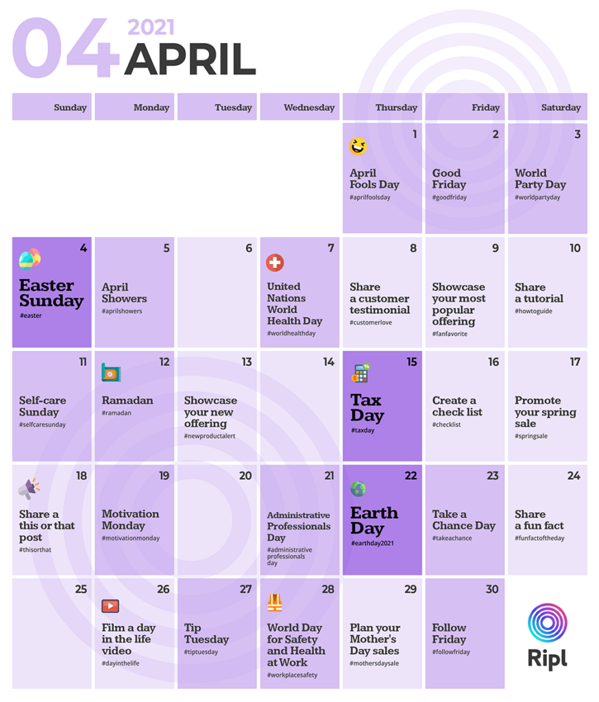 April Social Media Holiday Content Calendar Social Media Content 