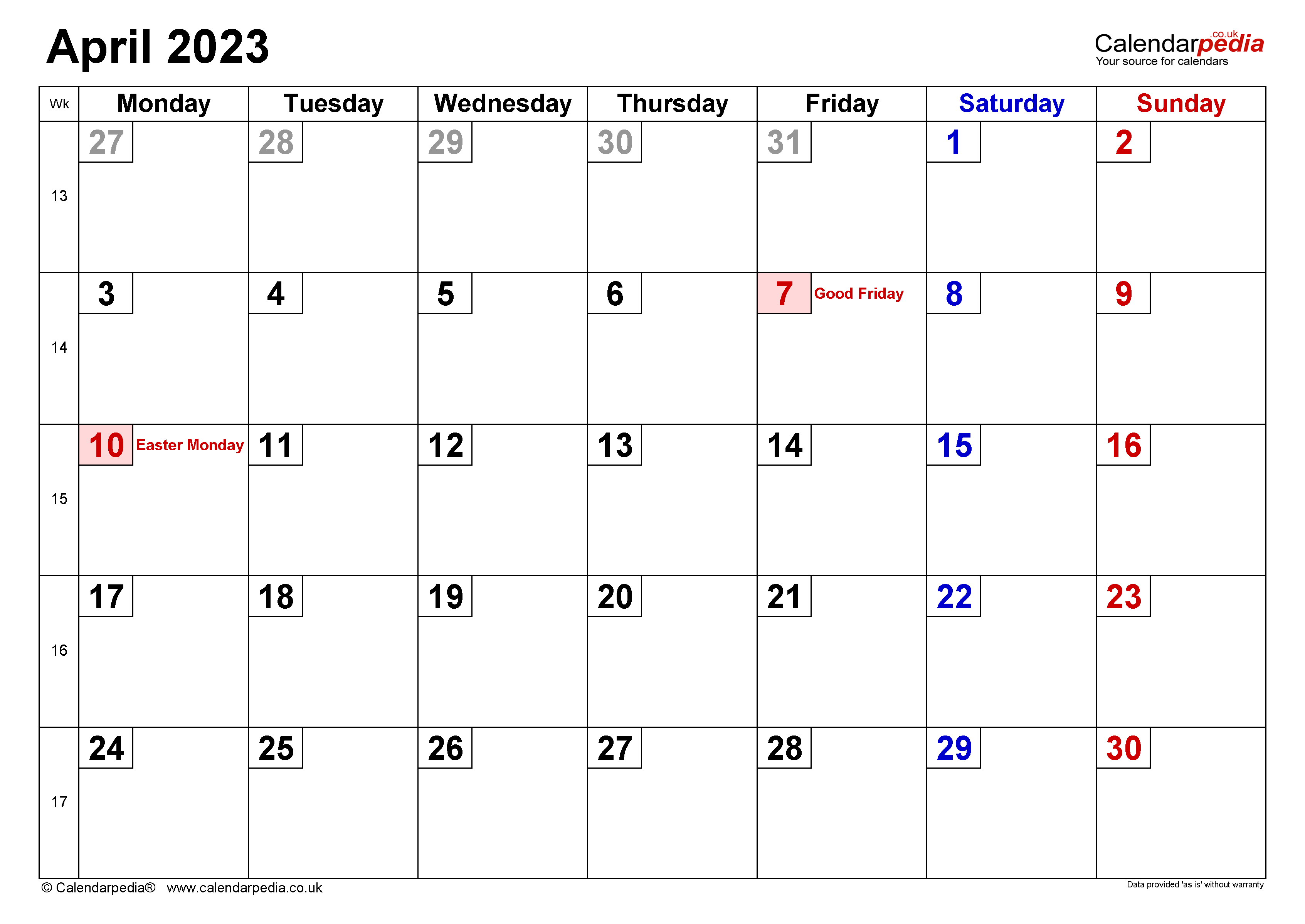 Calendar April 2023 UK With Excel Word And PDF Templates