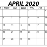 Free Printable April 2020 Calendar For American Easter Printable