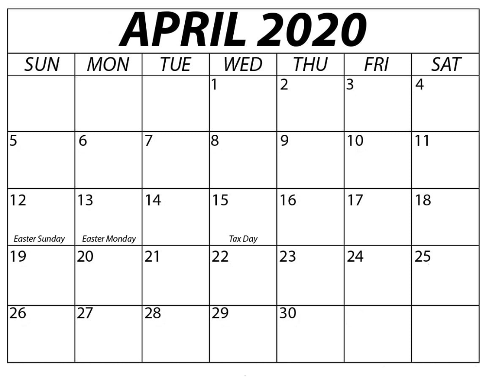 Free Printable April 2020 Calendar For American Easter Printable