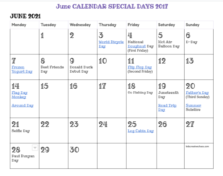 June Calendar Special Days Holidays Adventures Of Kids Creative Chaos