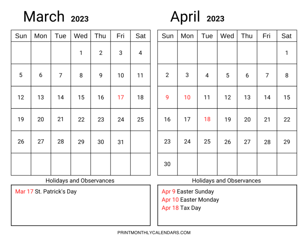 March April 2023 Calendar Printable Template Free Two Month Planners
