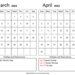 March April 2023 Calendar Printable Template Free Two Month Planners