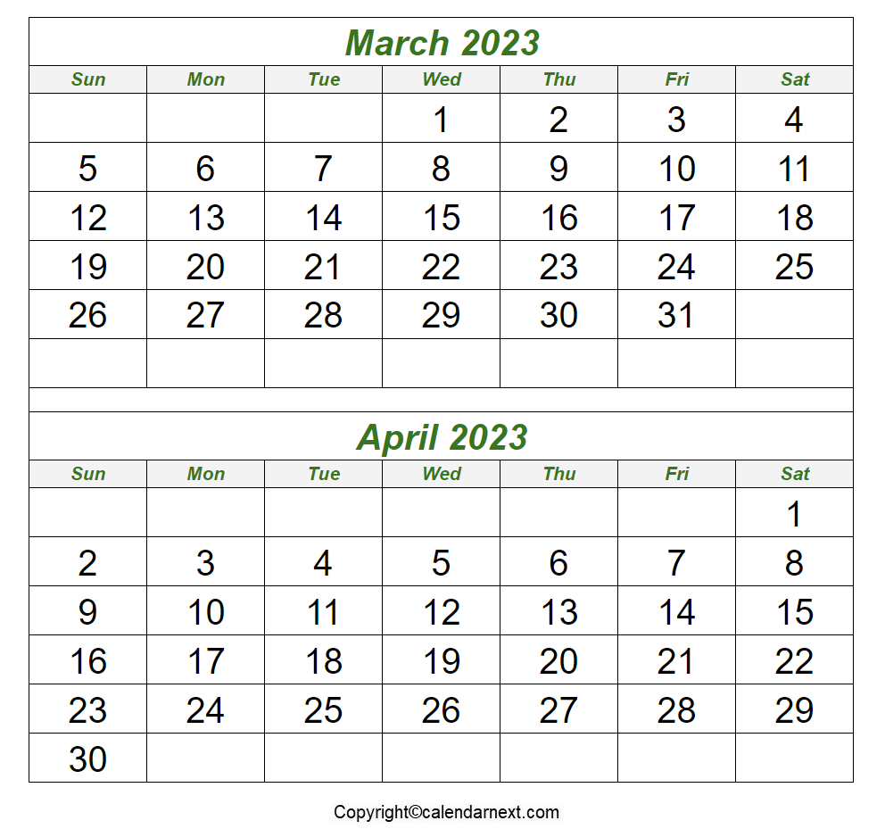 Printable Blank March April 2023 Calendar With Holidays